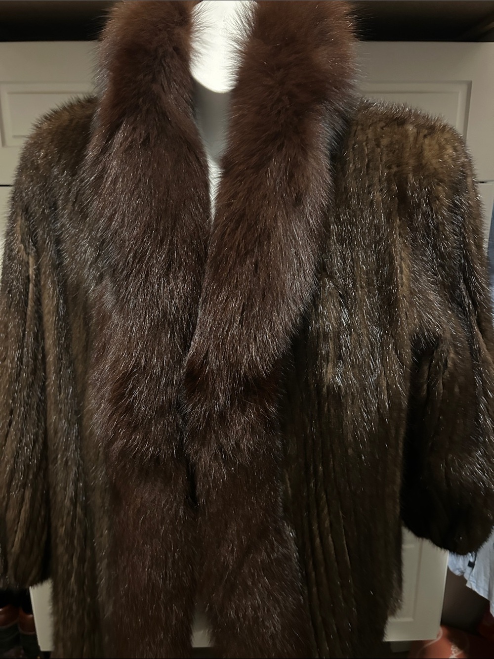 Women's Authentic Jindo Fur Mahogany Mink Fur w/Fox Trim Coat